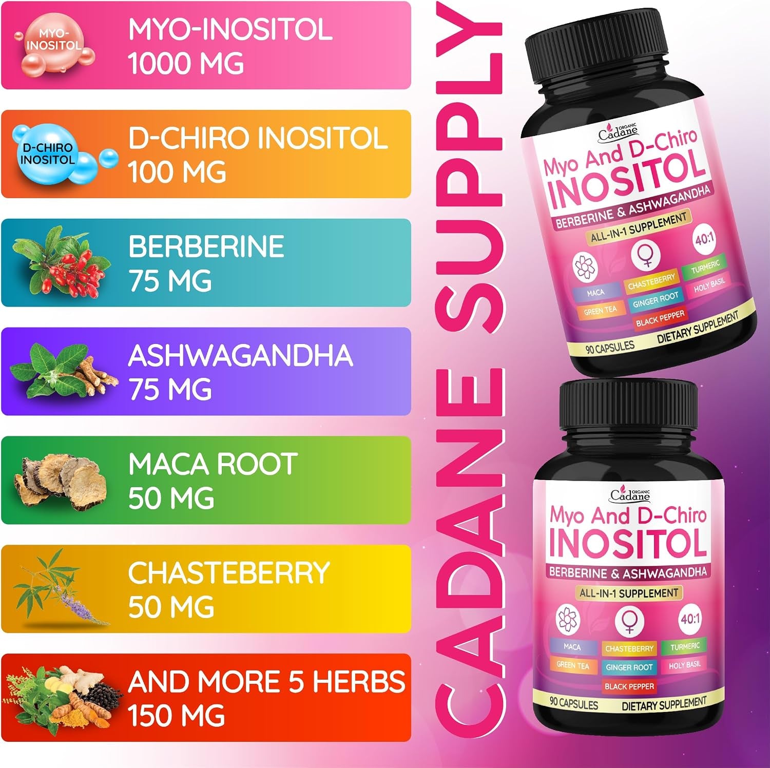 Myo and D-Chiro Inositol Capsules for Women | with Berberine, Ashwagandha, Maca, Chasteberry & 6 More | Cycle Regularity, Body Management | Vegan, Non-Gmo - 90 Capsules