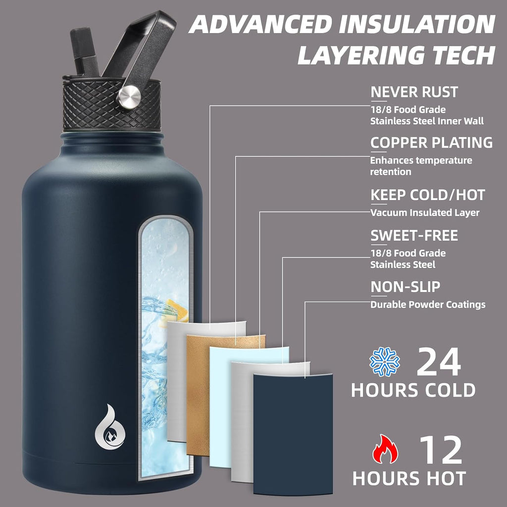 64Oz Insulated Water Bottle, Half Gallon Water Jug with Straw Lid | Large Stainless Steel Vacuum Jug, Keep Cold & Hot, Bpa-Free Leak-Proof with 3 Lids, Paracord Handle, for Sports Hiking Travel