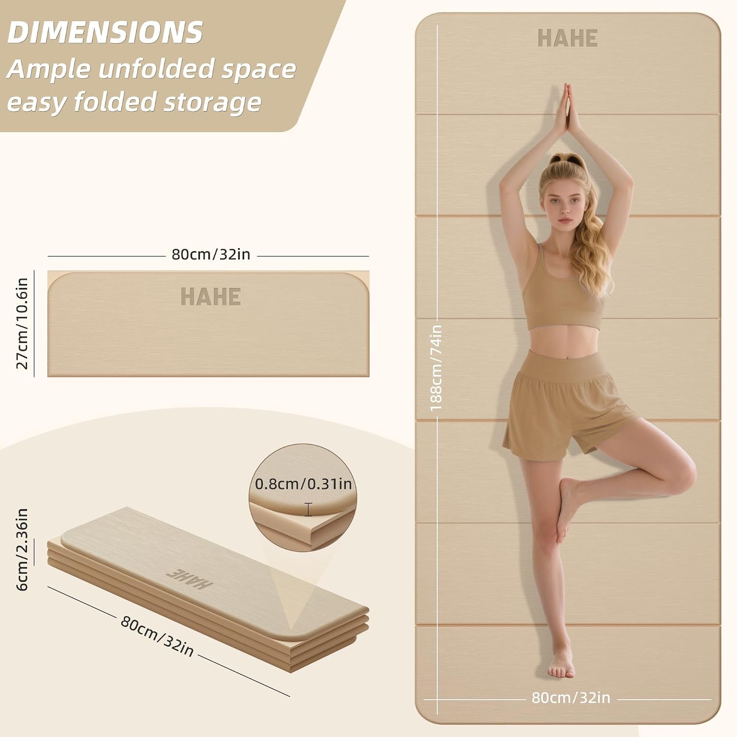 Foldable Yoga Mat 74"Lx32"Wx1/3"Thick, Folding Exercise Mats | Non-Slip Wide Pilates Mats for Home Workout/Travel, Portable Yoga Mat Thick for Yoga/Pilates/Camping/Floor Exercises