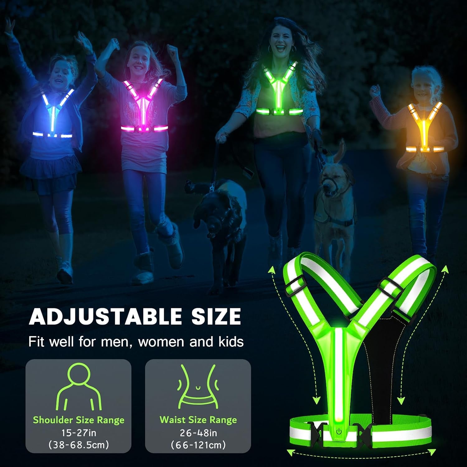 LED Reflective Running Vest Gear,Light up Vest Runners Night Walking USB Rechargeable,Up to 11Hrs Light with Adjustable Waist/Shoulder for Women Men Kids
