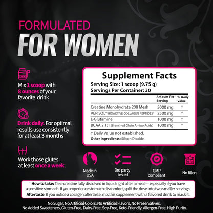 Creatine for Women - Booty Builder Supplement with Collagen &amp; BCAA - Supports Gl
