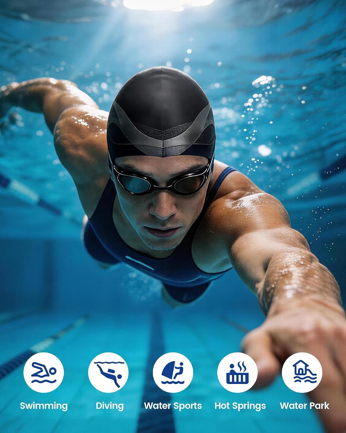 Silicone Swim Cap for Long Hair - X-Large Waterproof Swim Hat for Men Women Adults, Dreadlocks, Braids, Curls & Afros, Black