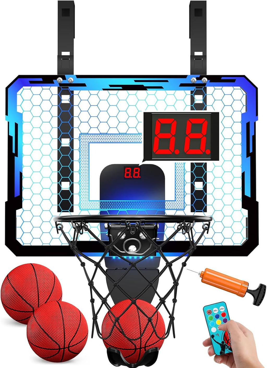Mini Basketball Hoop with Scoreboard & 7 LED Lighting | over the Door Indoor, with 3 Balls/Inflator/Breakaway Rim, Basketball Toy Gifts for Kids Adults, Suit for Bedroom/Office