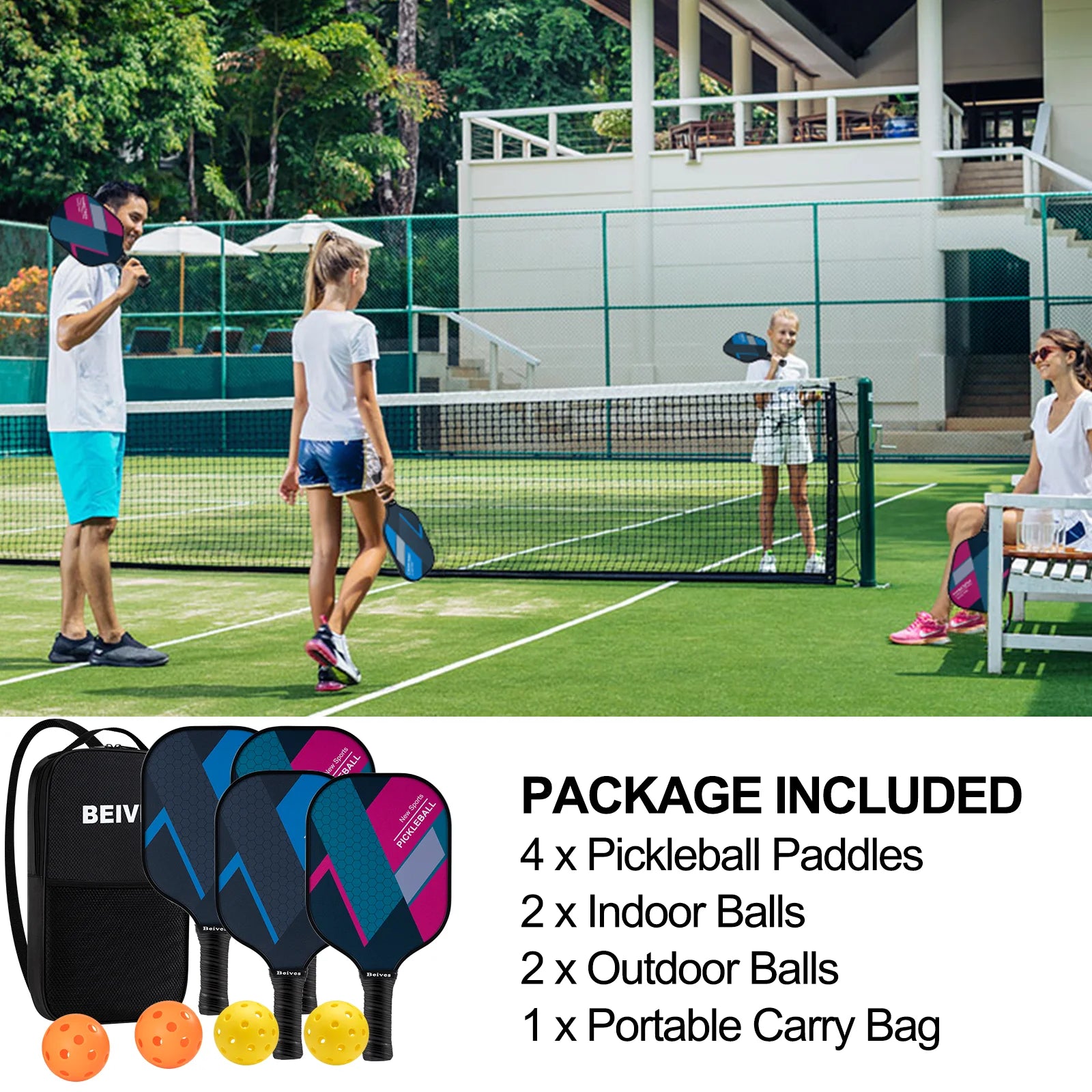 Pickleball Paddles Set of 4, Fiberglass Surface &amp; Polypropylene Core 4 Balls &amp; Carry Bag