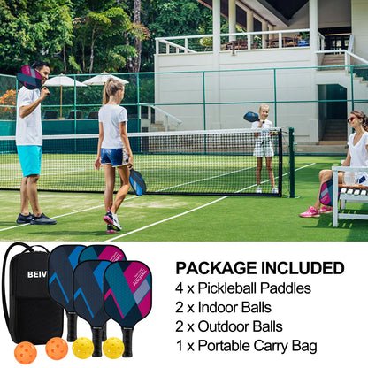 Pickleball Paddles Set of 4, Fiberglass Surface &amp; Polypropylene Core 4 Balls &amp; Carry Bag