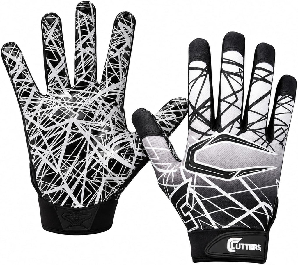 Football Gloves - Game Day Football Receiver Gloves with High Tack Silicone Grip, Superior Support and Protection - Black and White - Youth-Large