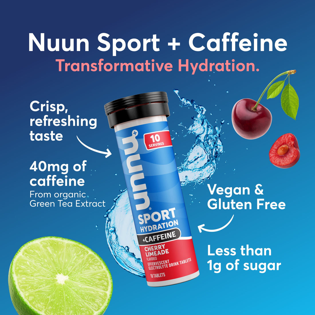 Sport +Caffeine Electrolyte Tablets for Proactive Hydration, Cherry Limeade, 8 - 10 Count Tubes