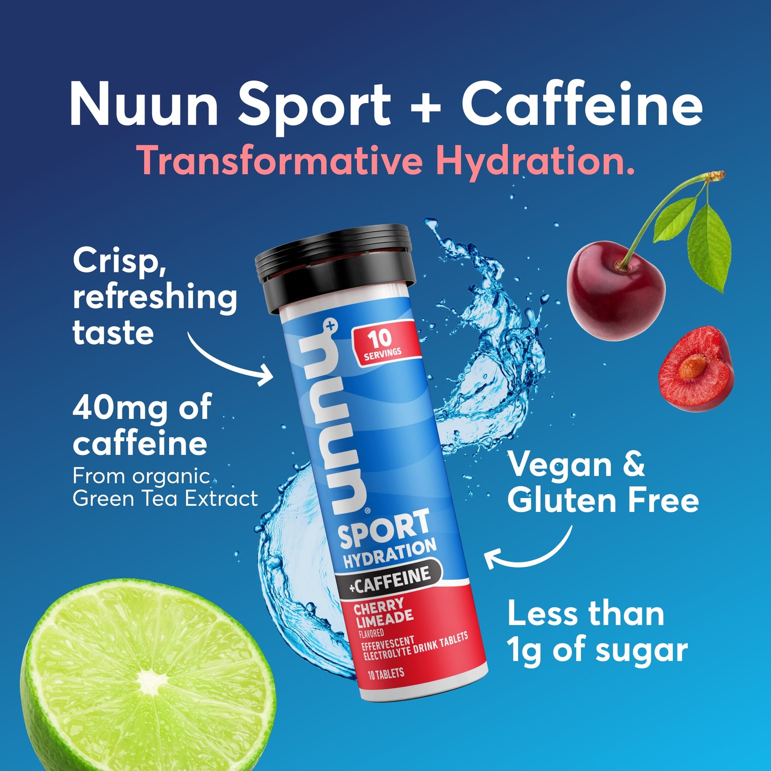 Sport +Caffeine Electrolyte Tablets for Proactive Hydration, Cherry Limeade, 8 - 10 Count Tubes