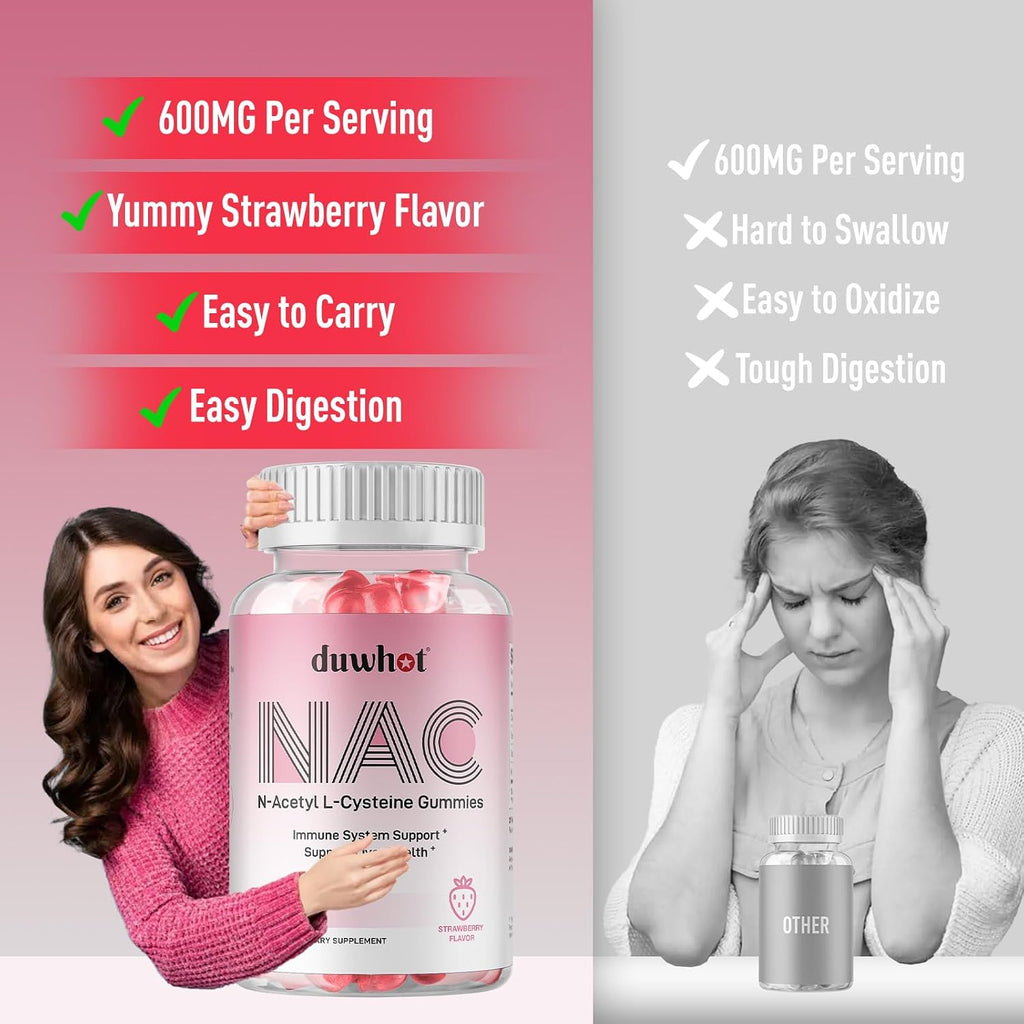 NAC Gummies 600Mg for Kids & Adults, 60Ct | N Acetyl Cysteine Supplement NAC Chewable for Antioxidants & Immune Support, Lung & Liver Health, Natural Strawberry Flavor