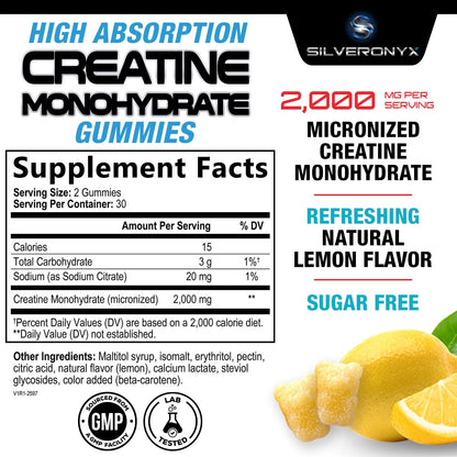Creatine Gummies - 1G (1000Mg) per Gummy Creatine Monohydrate - Best Micronized, Sugar Free Creatine Chewable for Men &amp; Women - Supports Lean Muscle, Strength, Energy &amp; Endurance - 60 Lemon Gummies