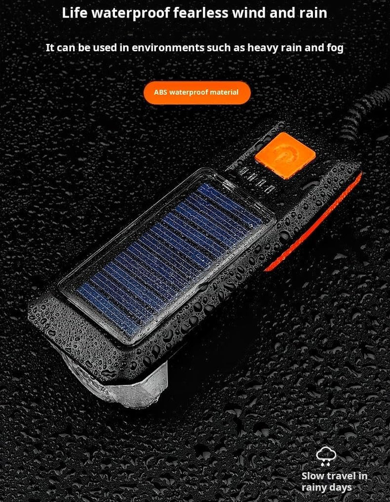 Multi-Functional Solar-Powered and USB Rechargeable Mountain Bike Night Cycling High Brightness Bike Front Light and 120Db Horn Bicycle Charging Light