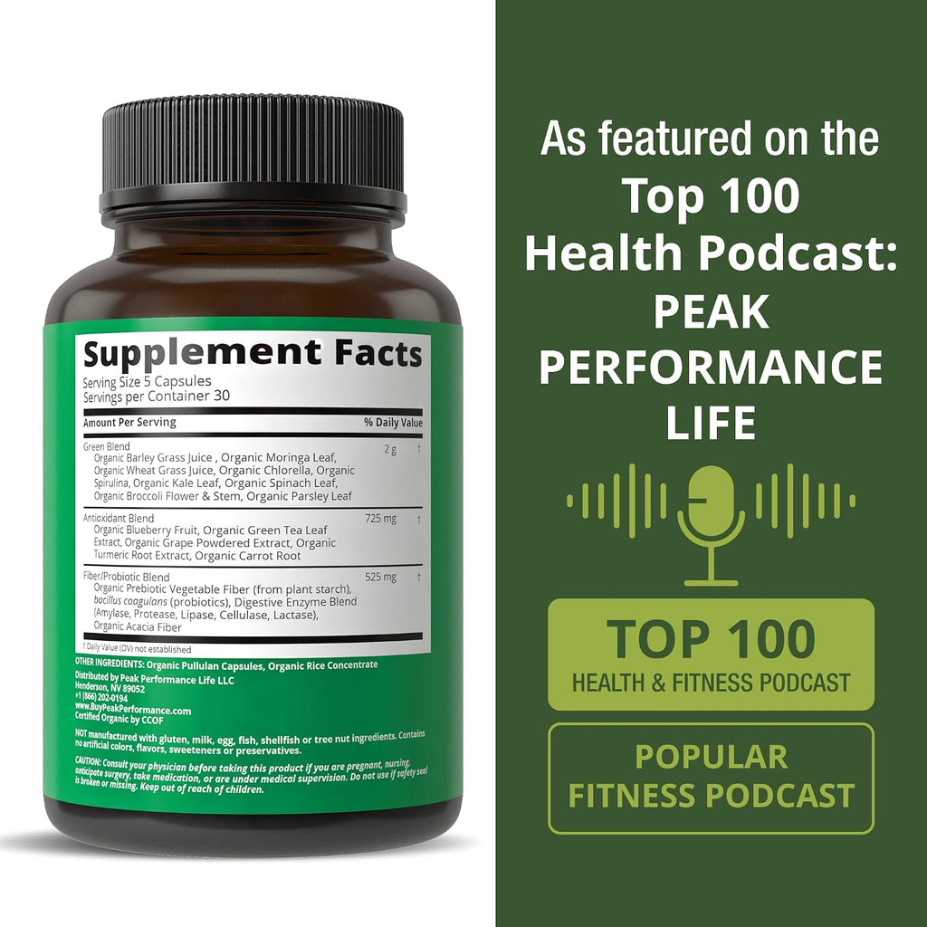 Organic Super Greens 150 Capsules. Green Juice Superfood Supplement | 25+ All Natural Organic Ingredients. Max Energy, Detox Super Food Pills with Spirulina, Spinach, Kale, Turmeric, Probiotics