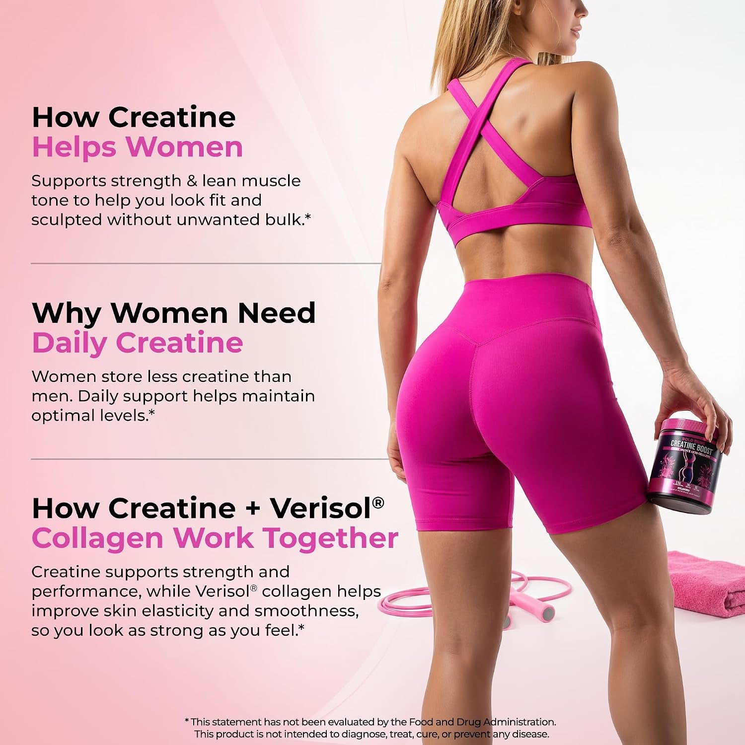 Creatine for Women – Supplement with Collagen & BCAA – Supports Muscle Development, Post-Workout Recovery, Skin Elasticity, Healthy Hair & Nail (30 Servings, Unflavored)