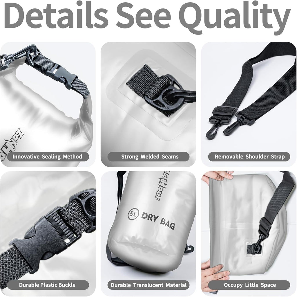 Waterproof Dry Bag - Roll Top Transparent Storage Bag,2L/5L/10L/20L,Suitable for Traveling, Swimming, Kayaking, Camping, Fishing, Rainy Day Trips