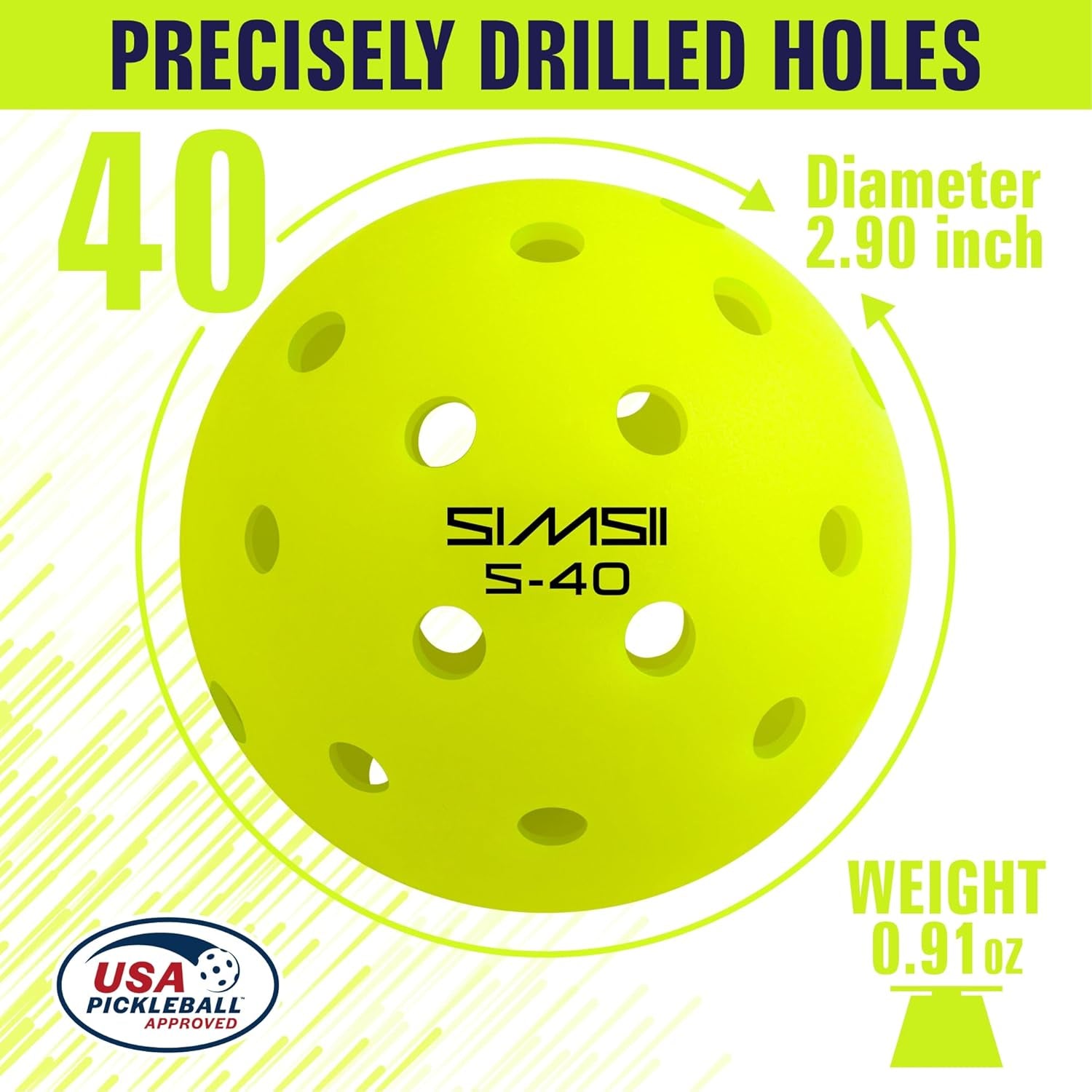S-40 Outdoor Pickleball Balls - 40 Holes, Approved by the USAPA - Durable PE Material, Seamless Construction, Tournament Grade, 3/12/40/100 Pack - Pickleballs