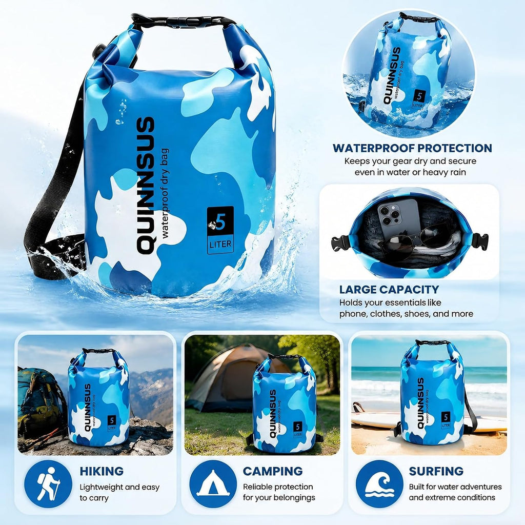 Waterproof Dry Bag Backpack 5L – Roll Top Floating Sack Keeps Gear Dry for Kayaking, Boating, Fishing, Camping, Swimming & Hiking, Beach Accessories Blue Camo