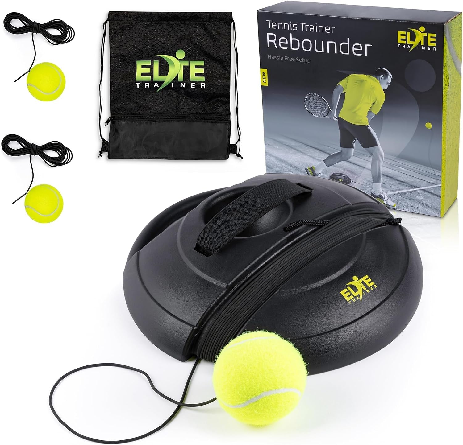 Tennis Rebound Ball Set | Solo Practice Rebounder, No Filling Required, Heavy Duty Power Base | 3 Balls with String, Drawstring Bag | Training Equipment for Any Skill Level
