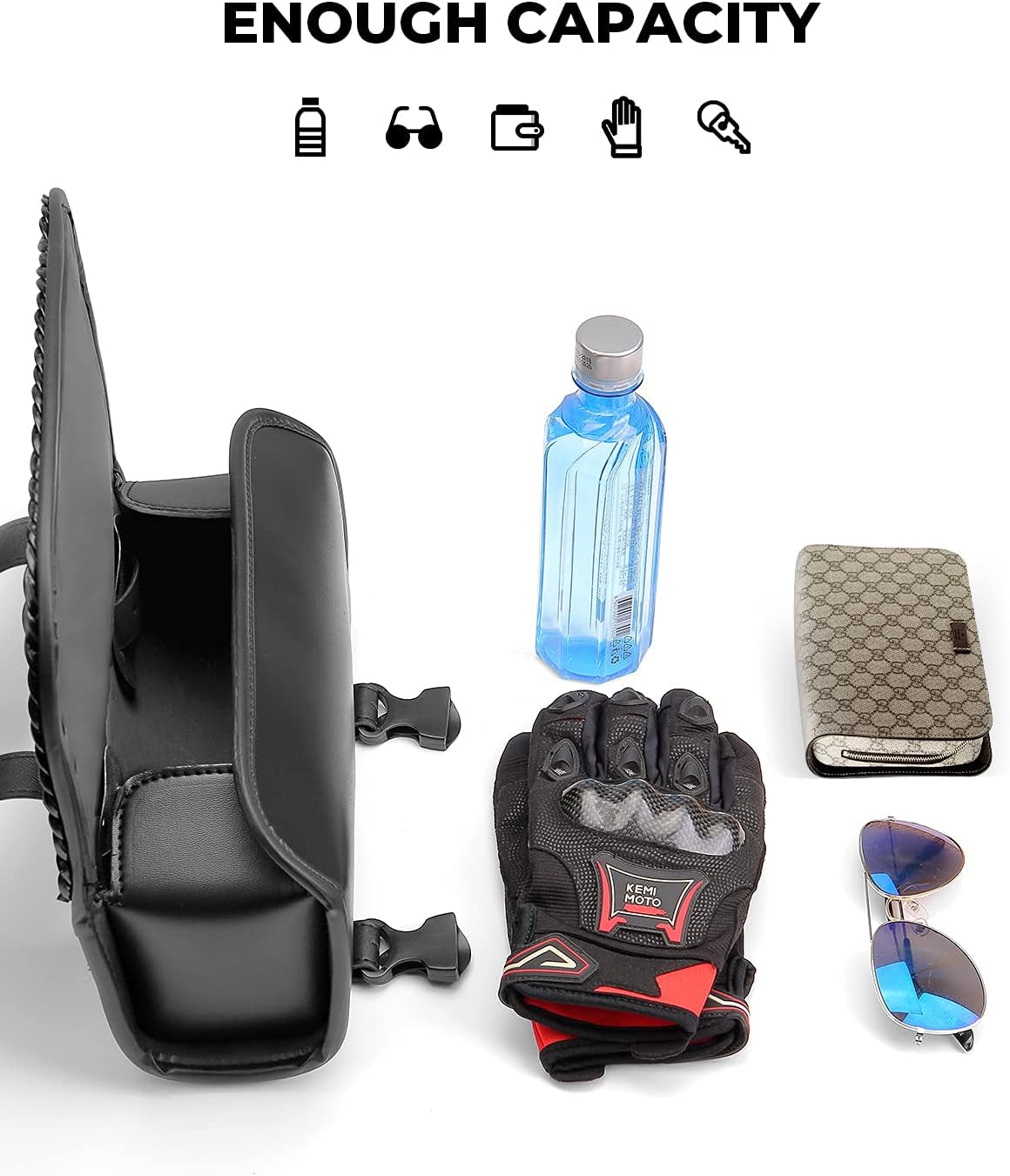 Motorcycle Tool Fork Bag PU Leather Universal | Saddlebag for Front Fork Handlebar Sissybar Storage Pouch Motorcycle Roll Bag (Black Classic Buckle)