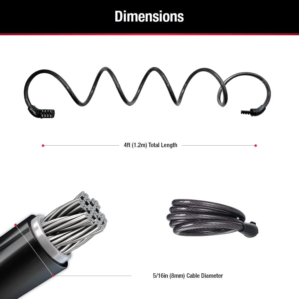 Black Set Preset Combination Bike Lock, Metal Cable Lock Has a Weather Resistant Vinyl Coating for Outdoor Equipment, Bicycles, 4 Feet Long, Pack of 2, 8143T