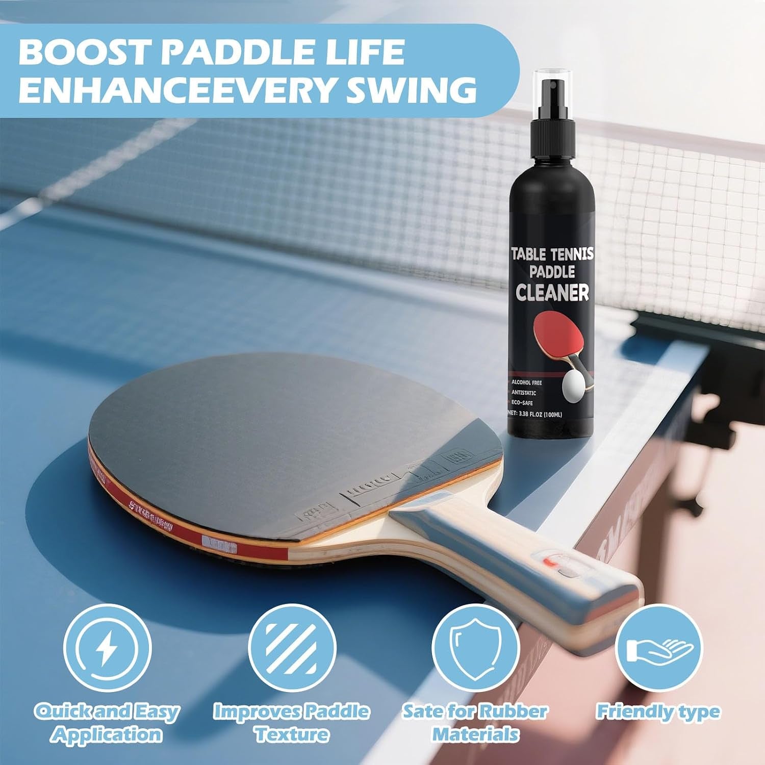 200Ml Table Tennis Paddle Cleaner Spray and Table Tennis Rubber Cleaner Sponge - Strips Impacted Residue and Increases Spin and Control - Transparent | 2 Sprays & Sponge, Cleans Dirt & Grease, Extends Rubber Life, Increases Spin and Control,Simple Application,Ideal for Players