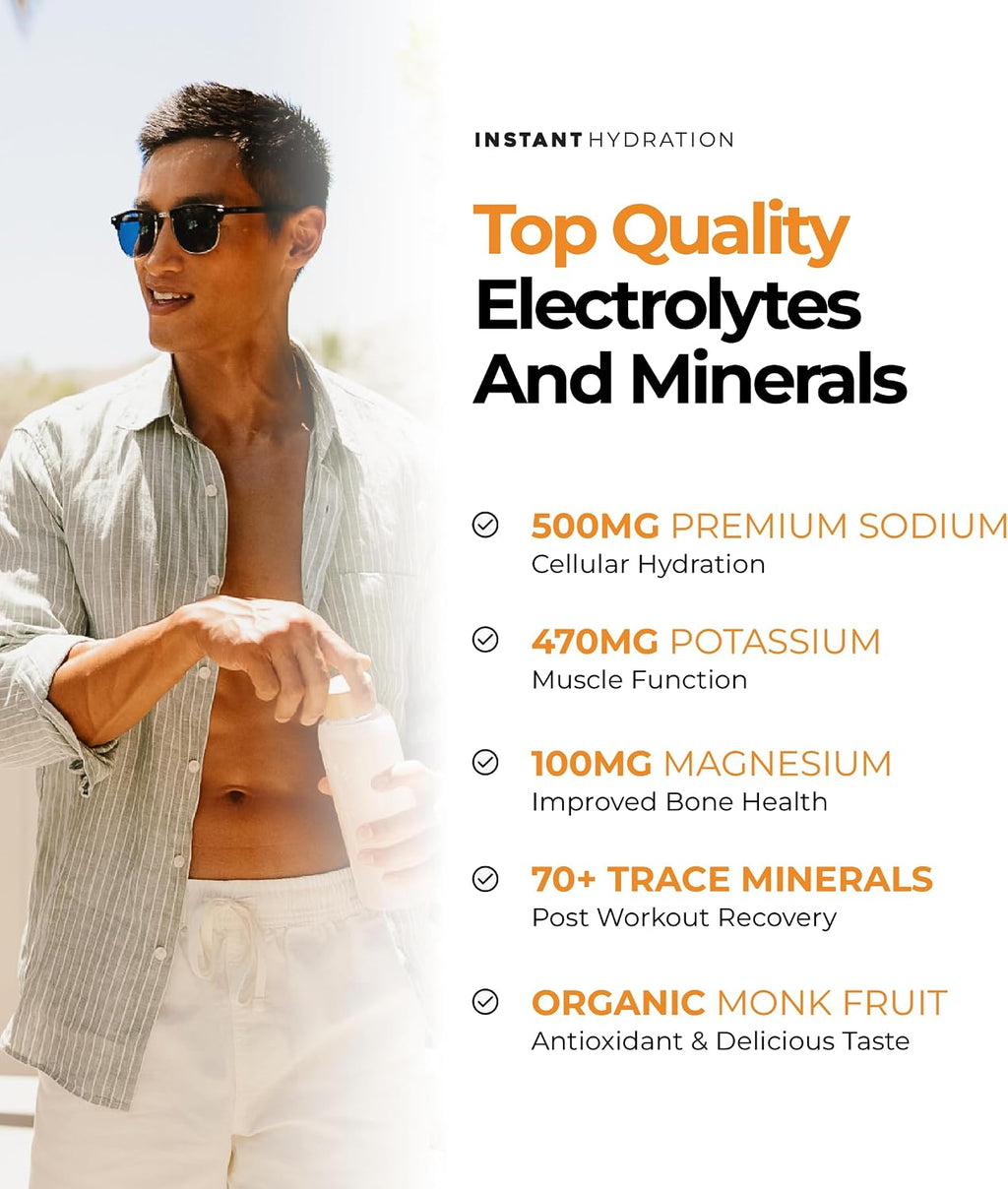 Sugar Free Electrolytes Powder Packets - Mango Pineapple Electrolyte Drink Mix & Travel Essentials - Post Workout Recovery, Brain Health, Muscle & Tissue Support - 20 Sticks