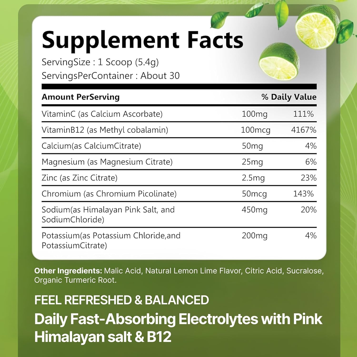 Electrolyte Drink Powder – Lemon Lime – Zero Sugar Hydration Supplement – Sodium, Potassium, Magnesium & Calcium – Keto Electrolytes Mix for Rapid Rehydration – 30 Servings (5.7 Oz)