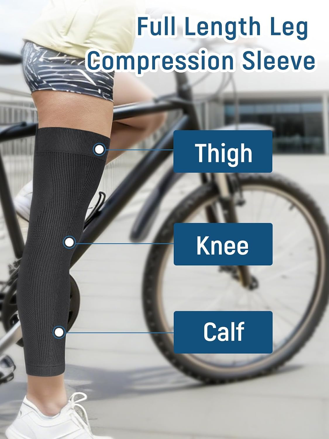 Leg Compression Sleeve, Stays in Place, Snug Fit, Pack of 1, Large | Soft Breathable Material, Upgraded Silicone Band, Mid-Thigh Knee Calf Support, Reduce Leg Soreness, Daily Wear, Workout