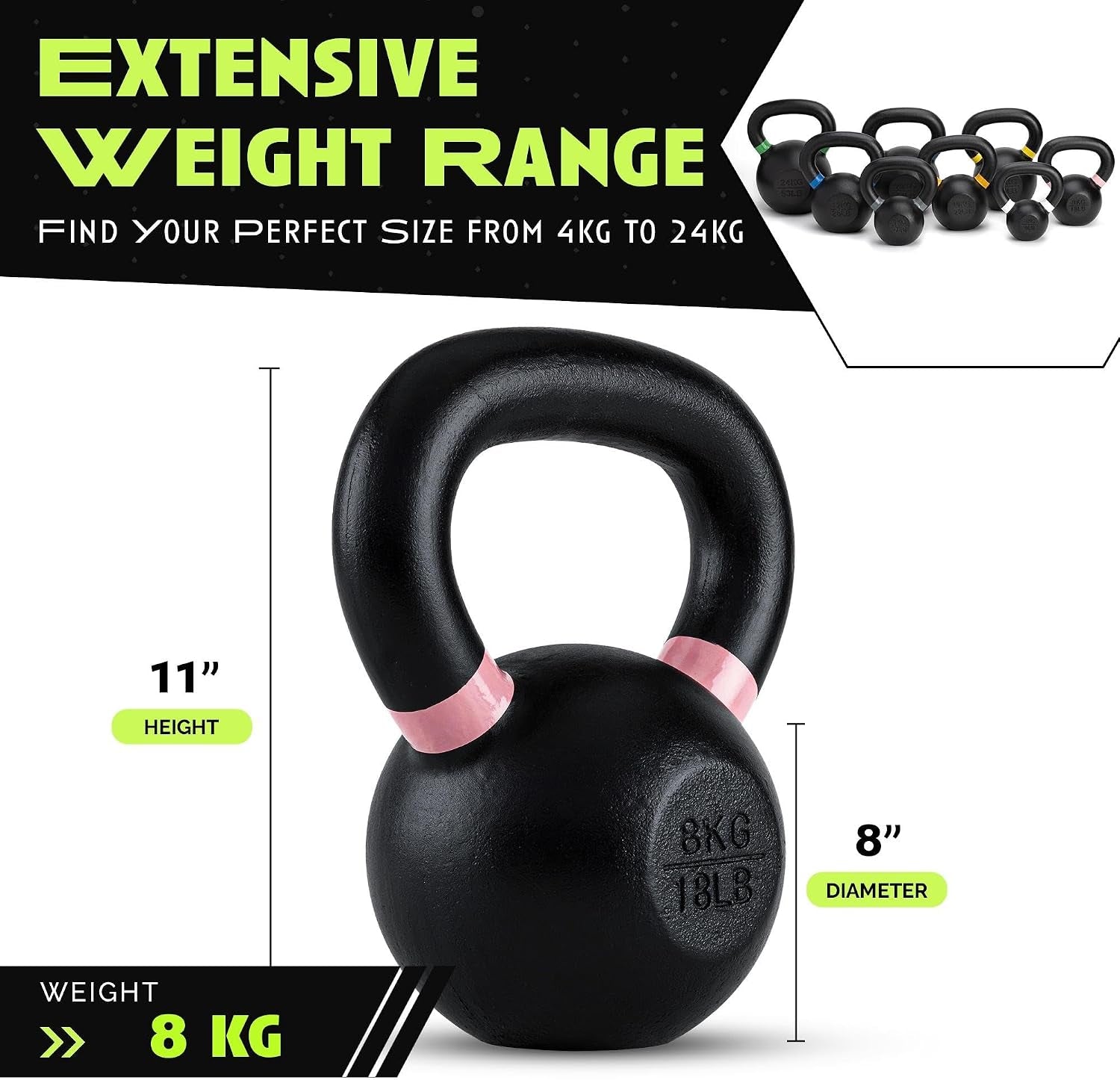 Single Cast Iron Kettlebell, Wide Handle Powder Coated - Core/Glute Workout