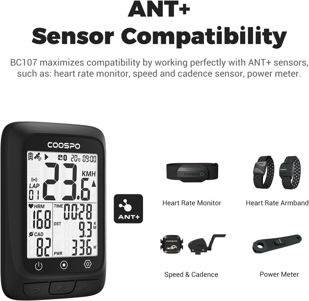 Bike Computer GPS Wireless, ANT+ Cycling Computer GPS with Bluetooth, Multifunctional ANT+ Bicycle Computer GPS with 2.4 LCD Screen, Bike Speedometer with Auto Backlight IP67