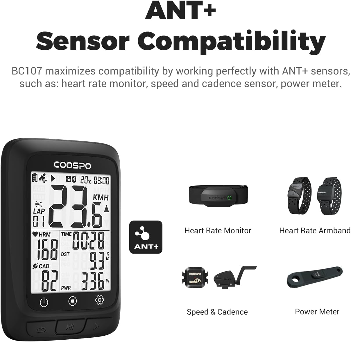 Bike Computer GPS Wireless, ANT+ Cycling Computer GPS with Bluetooth, Multifunctional ANT+ Bicycle Computer GPS with 2.4 LCD Screen, Bike Speedometer with Auto Backlight IP67