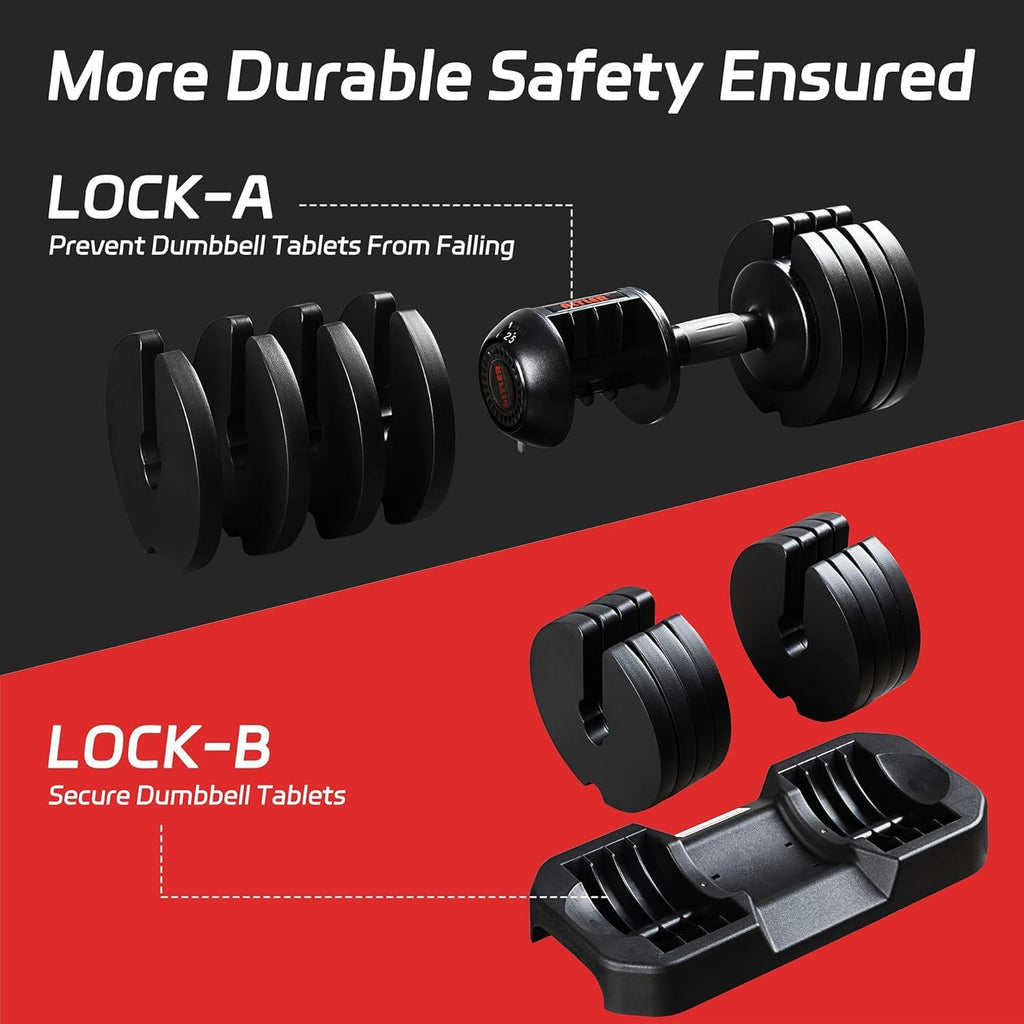 Adjustable Dumbbell Set, 25/52LB Pair with Tray for Workout Strength Training Fitness, Adjustable Weight Dial Dumbbell with Anti-Slip Handle and Weight Plate for Home Exercise