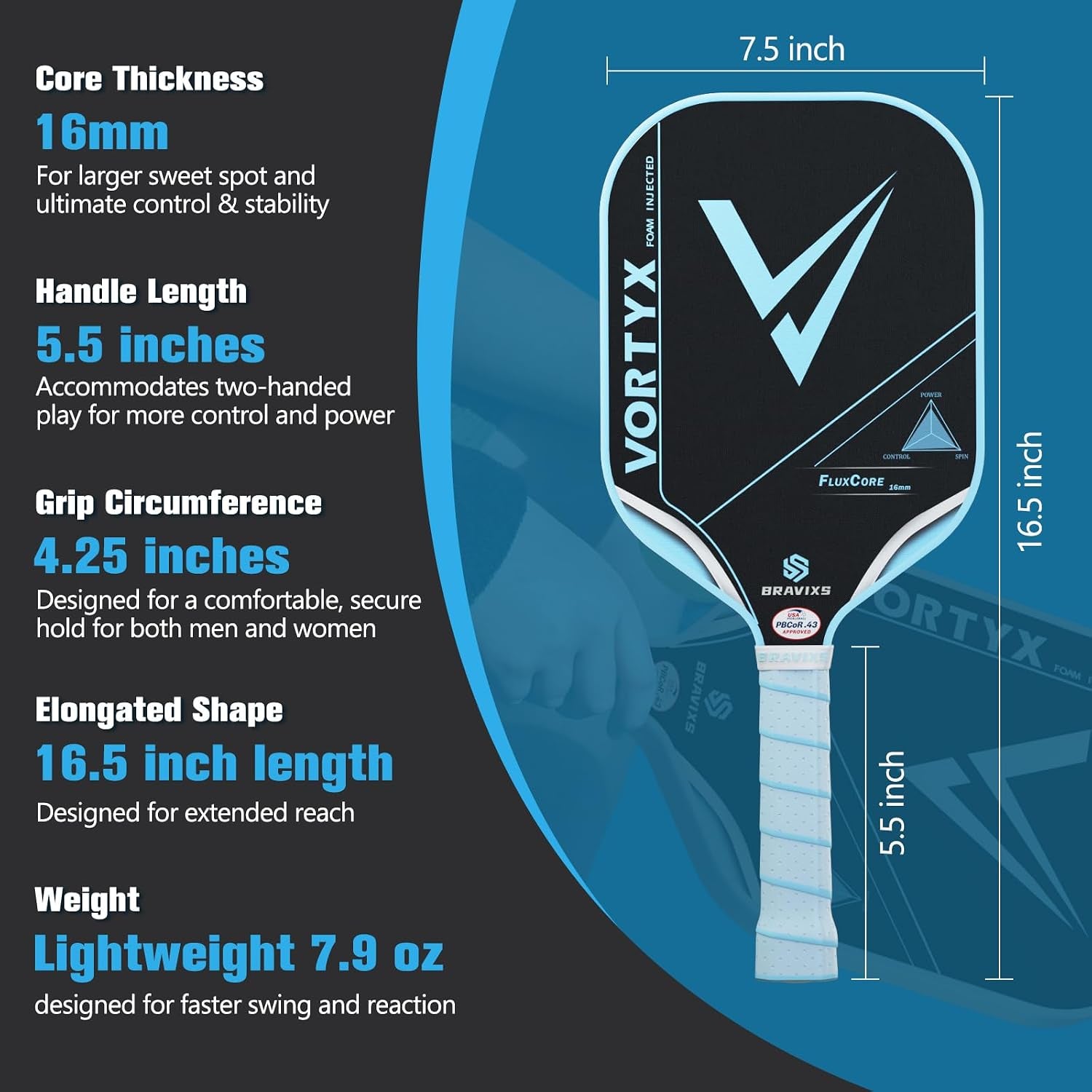 Vortyx Pickleball Paddle, Next-Gen Thermoformed Unibody, Raw Toray T700 Carbon Fiber Friction Surface, 16Mm Fluxcore (4Th Gen Core), USA Pickleball Approved (USAPA), Professional Performance