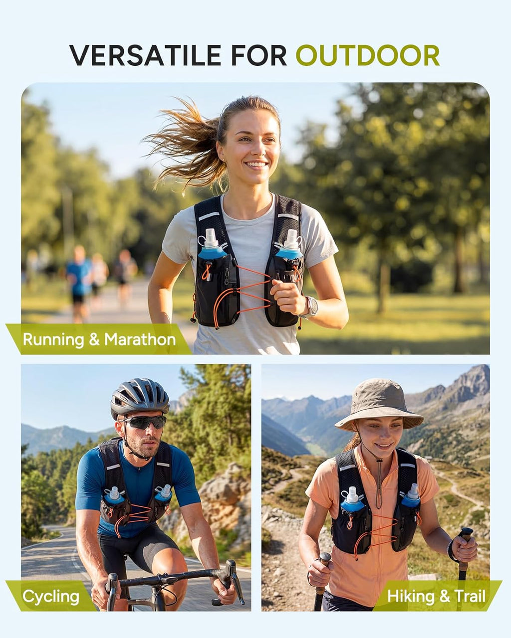 Running Vest for Women Men, 2PCS 500Ml Soft Flasks, Adjustable Chest Waist Fit, Multi-Pockets, Lightweight Breathable Reflective Hydration Backpack for Running, Trail, Cycling, Hiking