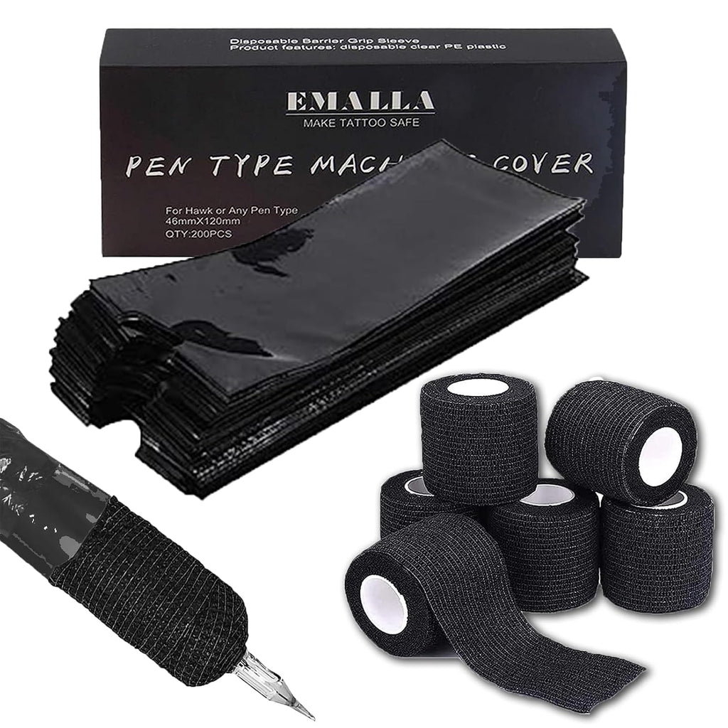 200PCS Pen Covers with 6PCS Grip Tape Tattoo Machien Covers Kit | Machine Wrap Cover Black Pen Bags Sleeves with Black Grip Wrap Self-Adherent Tape Plastic Cover Tattoo Supplies