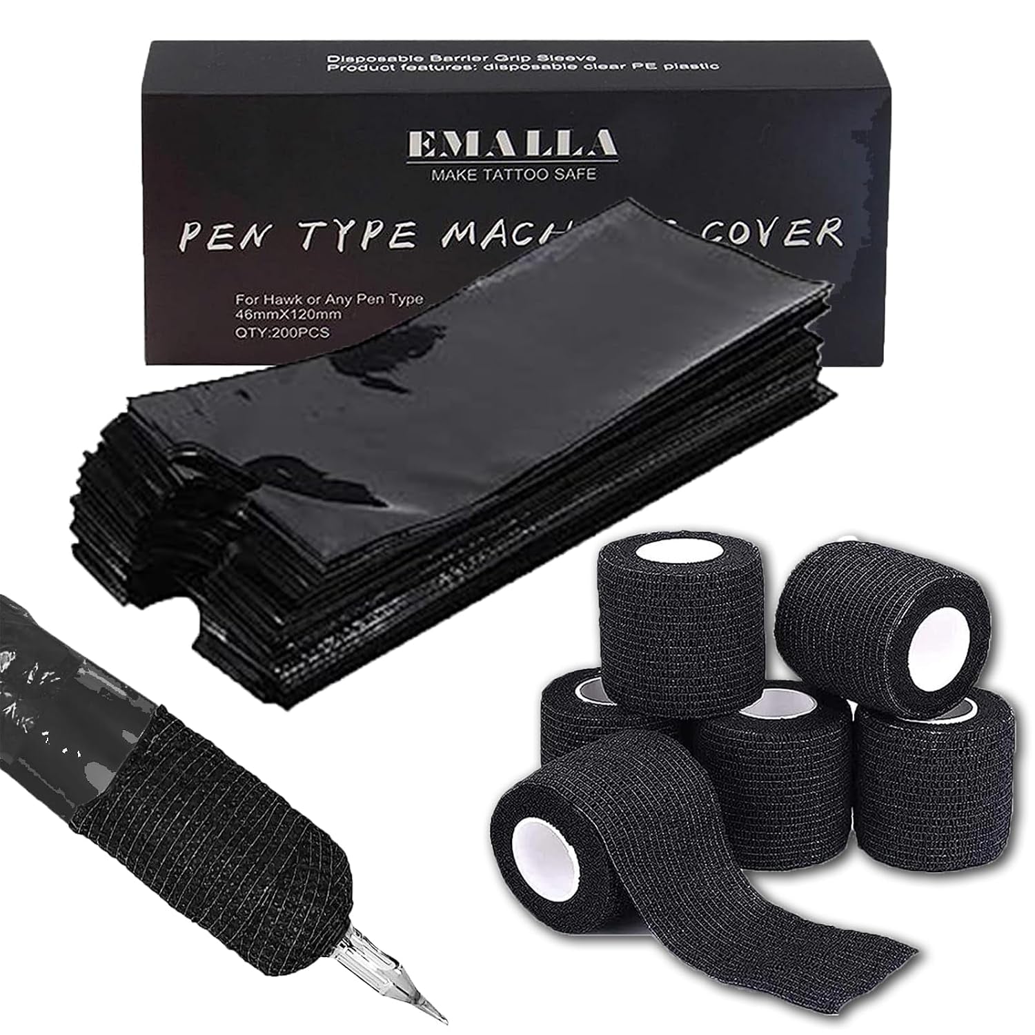 200PCS Pen Covers with 6PCS Grip Tape Tattoo Machien Covers Kit | Machine Wrap Cover Black Pen Bags Sleeves with Black Grip Wrap Self-Adherent Tape Plastic Cover Tattoo Supplies
