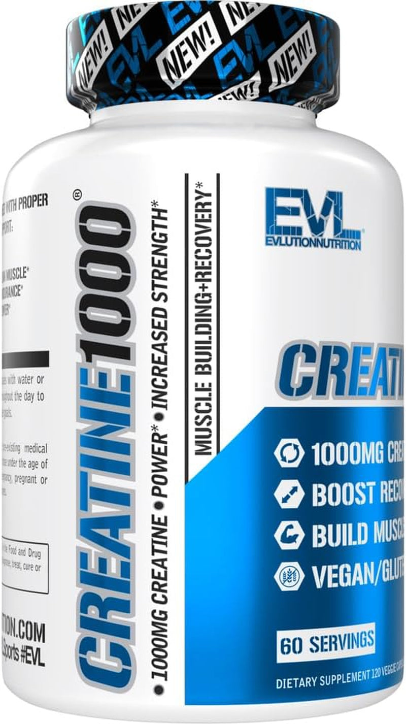 EVL Creatine Monohydrate Capsules Pre & Post Workout Supplement 60 Servings | Vegan and Gluten-Free Creatine Pills with 500Mg per Capsule Support Muscle Strength, Performance and Recovery