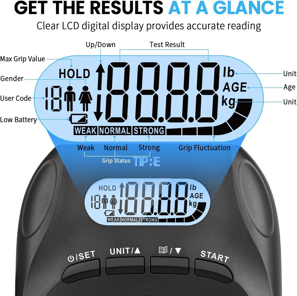 396Lbs/180Kg Grip Strength Tester, Hand Grip Dynamometer, Digital Grip Strength Tester with LCD Display, Adjustable Hand Grip Training Gauge, Hand Grip Testing for Sports Home School Use