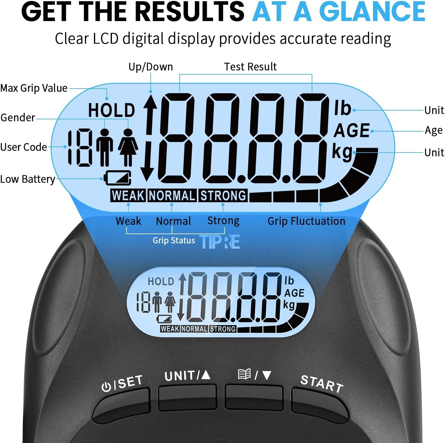 396Lbs/180Kg Grip Strength Tester, Hand Grip Dynamometer, Digital Grip Strength Tester with LCD Display, Adjustable Hand Grip Training Gauge, Hand Grip Testing for Sports Home School Use