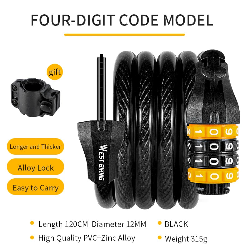 WEST BIKING Bike Cable Lock MTB Road Bike Anti-Theft Safety Password Bicycle Locks for Scooter Motorcycle Bike Accessories