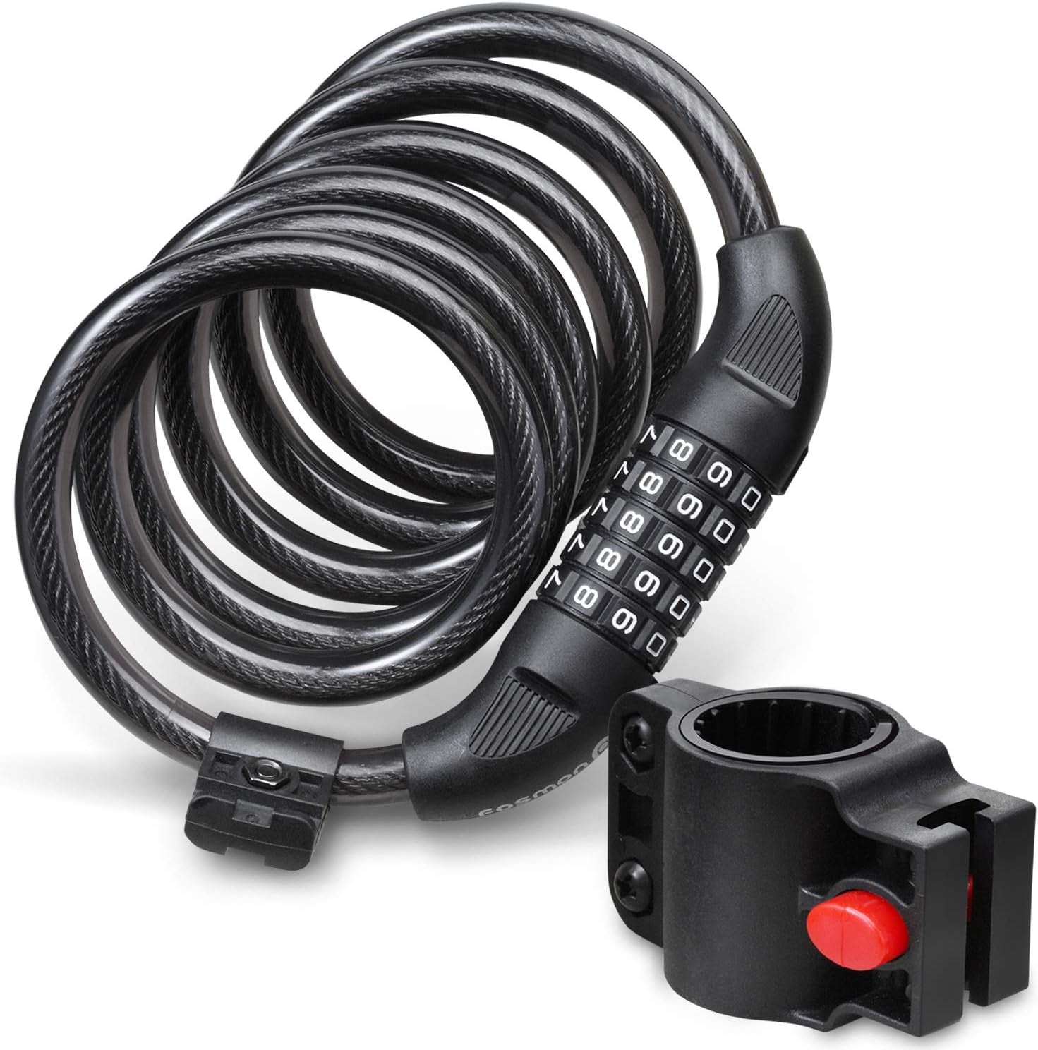Bike Lock Cable (4 Feet), Heavy Duty 5-Digit Self Coiling Resettable Combination Code, Bicycle Chain Flexible Steel Security Cable Lock with Bike Mount Holder - Black