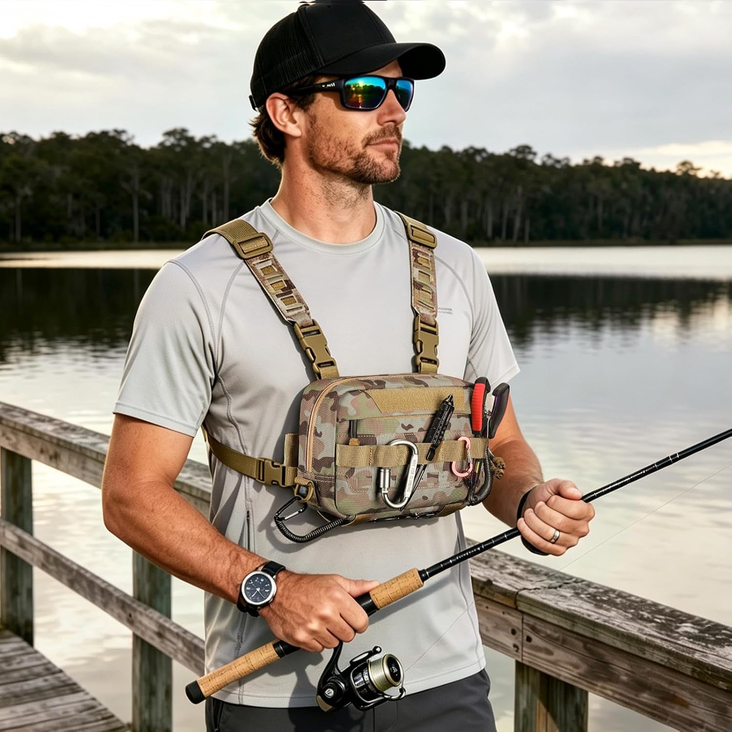 Outdoor Chest Bag for Men, Water-Resistant Fishing Chest Pack, Tactical Vest for Running, Cycling, Hiking