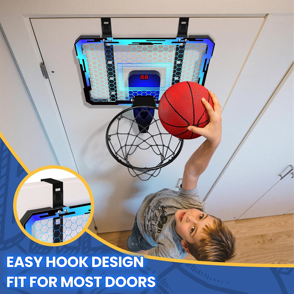Mini Basketball Hoop with Scoreboard & 7 LED Lighting | over the Door Indoor, with 3 Balls/Inflator/Breakaway Rim, Basketball Toy Gifts for Kids Adults, Suit for Bedroom/Office