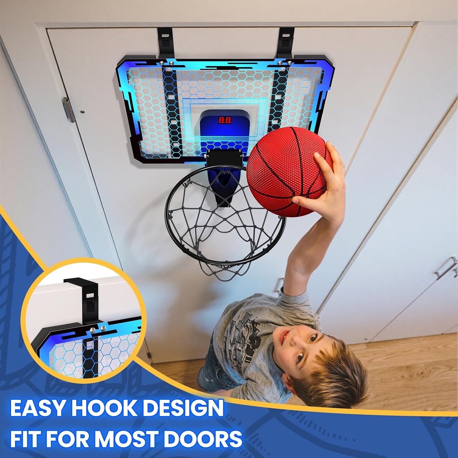 Mini Basketball Hoop with Scoreboard & 7 LED Lighting | over the Door Indoor, with 3 Balls/Inflator/Breakaway Rim, Basketball Toy Gifts for Kids Adults, Suit for Bedroom/Office