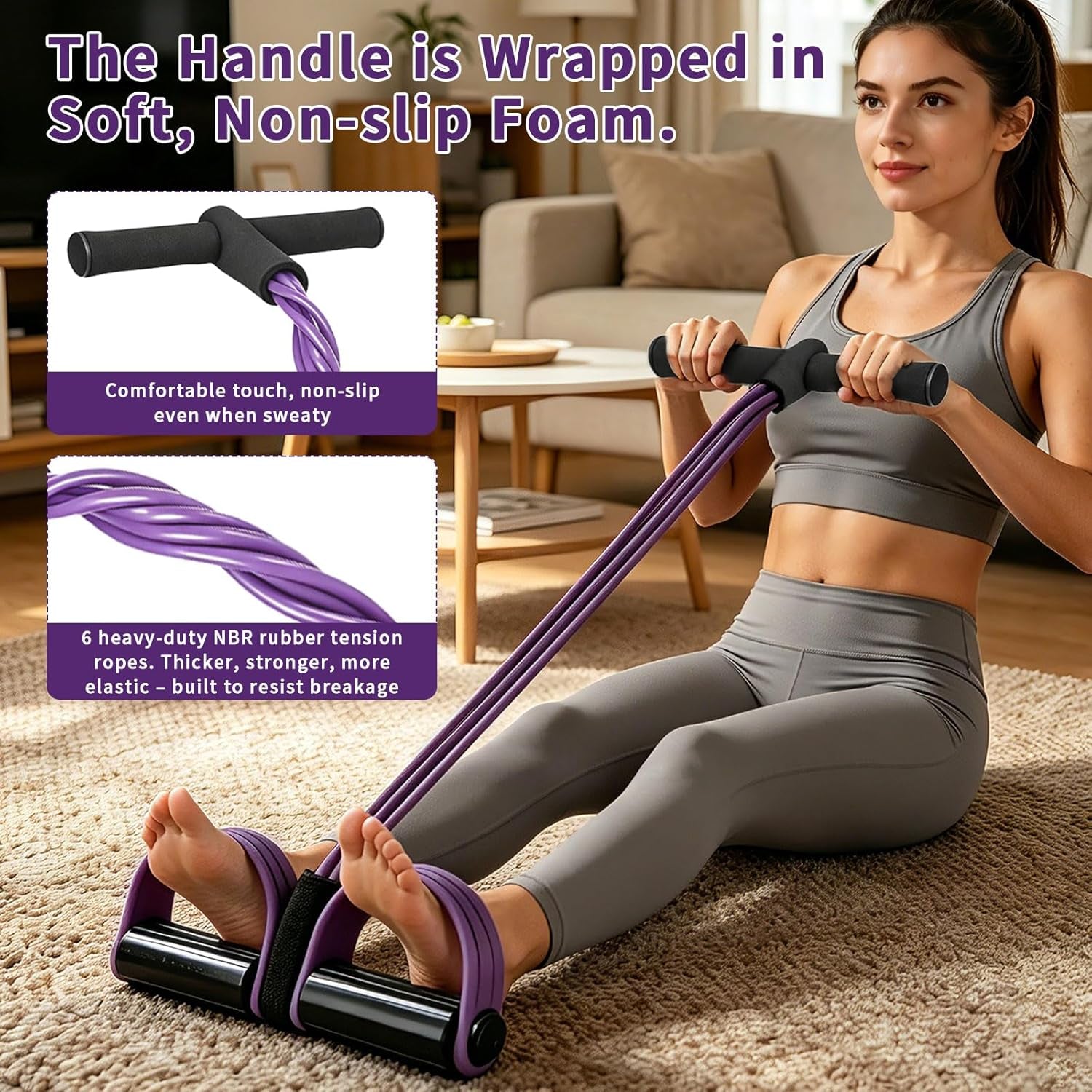 6-Tubes Tension Rope, Multifunction Elastic Yoga Pedal Puller Resistance Band, Natural Latex Tension Rope Fitness Equipment, for Abdomen, Waist, Arm, Leg Stretching Slimming Training
