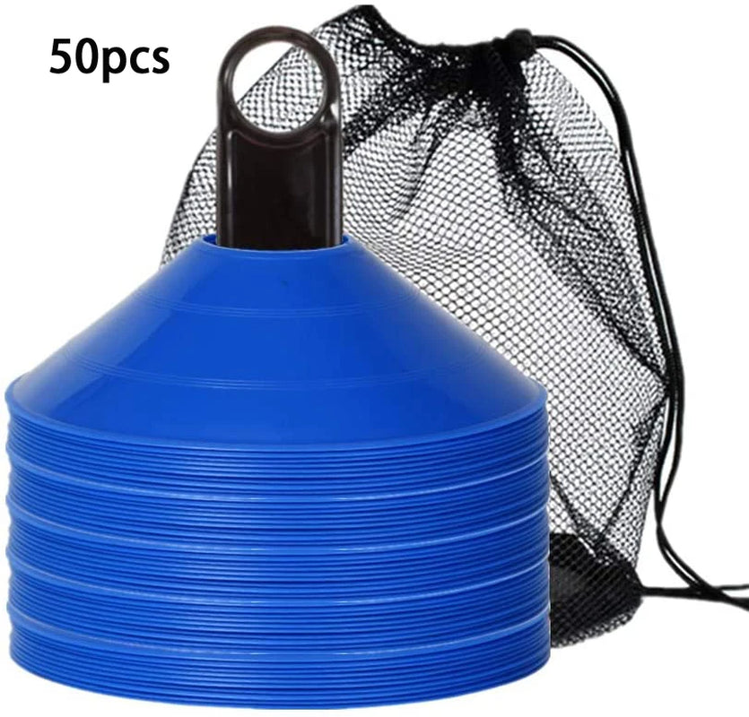 Set of 50 Agility Soccer Cones with Carry Bag Logo Disc and Holder for Training Football Kids Sports Field Cone Markers