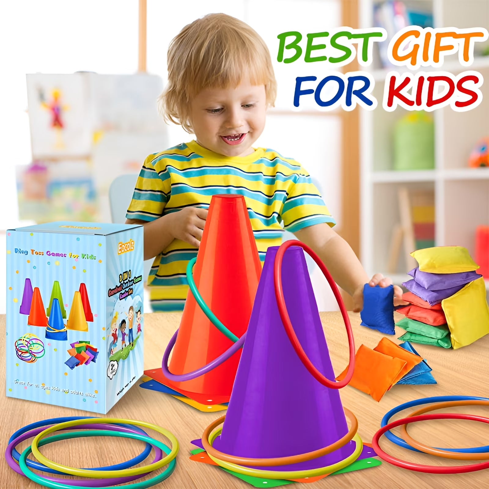 Eocolz 3 in 1 Carnival Games Set, Soft Plastic Cones Bean Bags Ring Toss Games for Kids Birthday Party Outdoor Games Supplies Combo Set 32 PCS