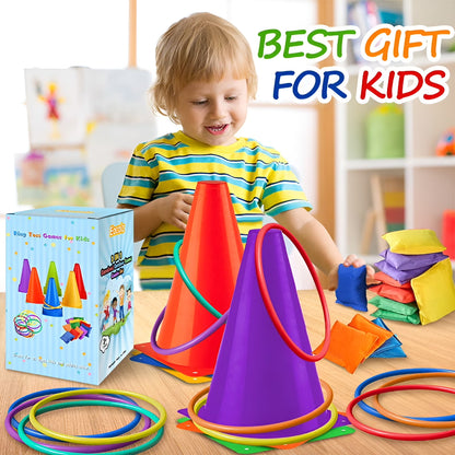 Eocolz 3 in 1 Carnival Games Set, Soft Plastic Cones Bean Bags Ring Toss Games for Kids Birthday Party Outdoor Games Supplies Combo Set 32 PCS