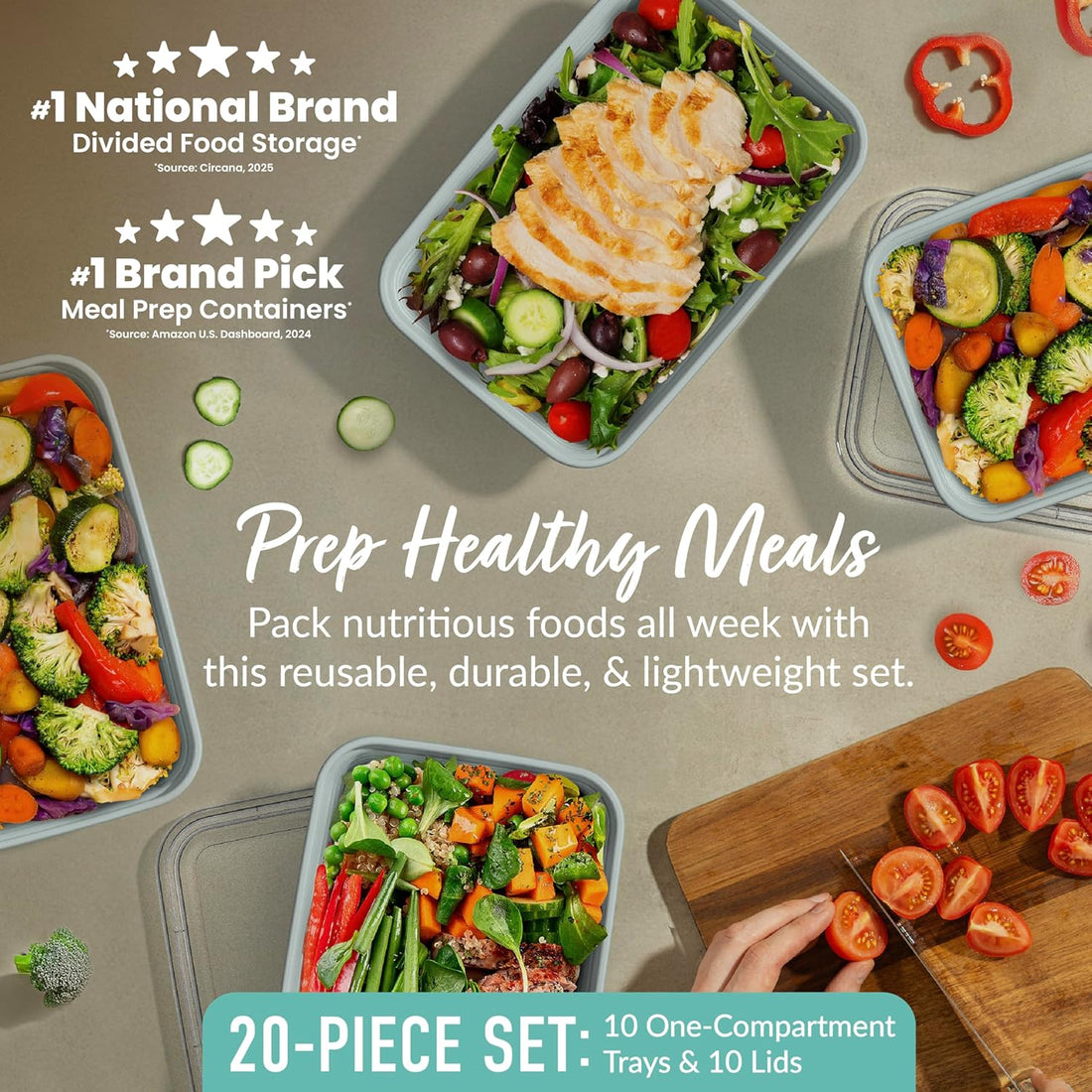 Prep - 20-Piece 1-Compartment Reusable Meal Prep Containers with Lids, PFAS &amp; BPA Free Materials, Durable, Microwave, Freezer, &amp; Dishwasher Safe to Go Food Storage (Mint)