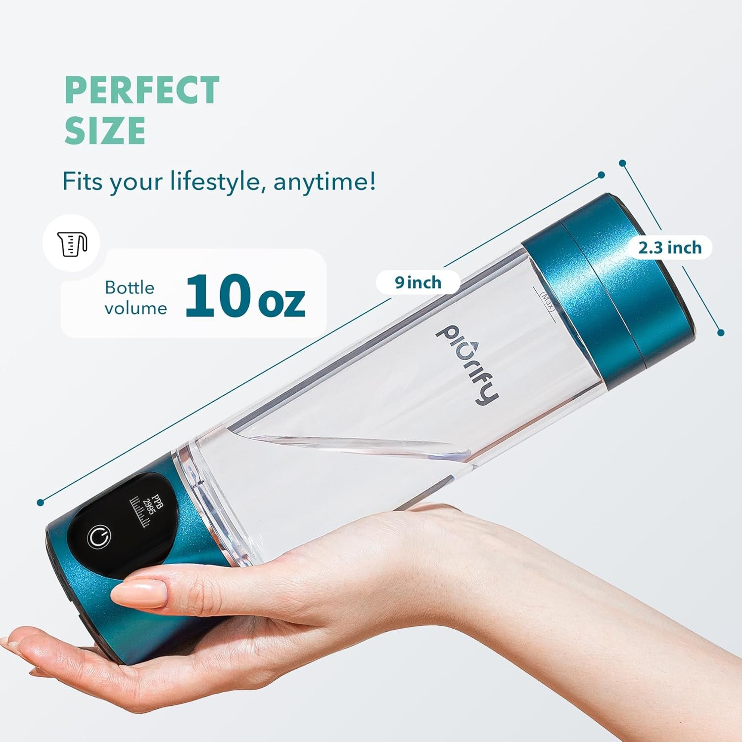 Hydrogen Water Bottle Generator | 6300+ PPB in 3 Cycles | 10 Oz | Extended Warranty | USA Certified | SPE/PEM Tech | Portable | Turquoise