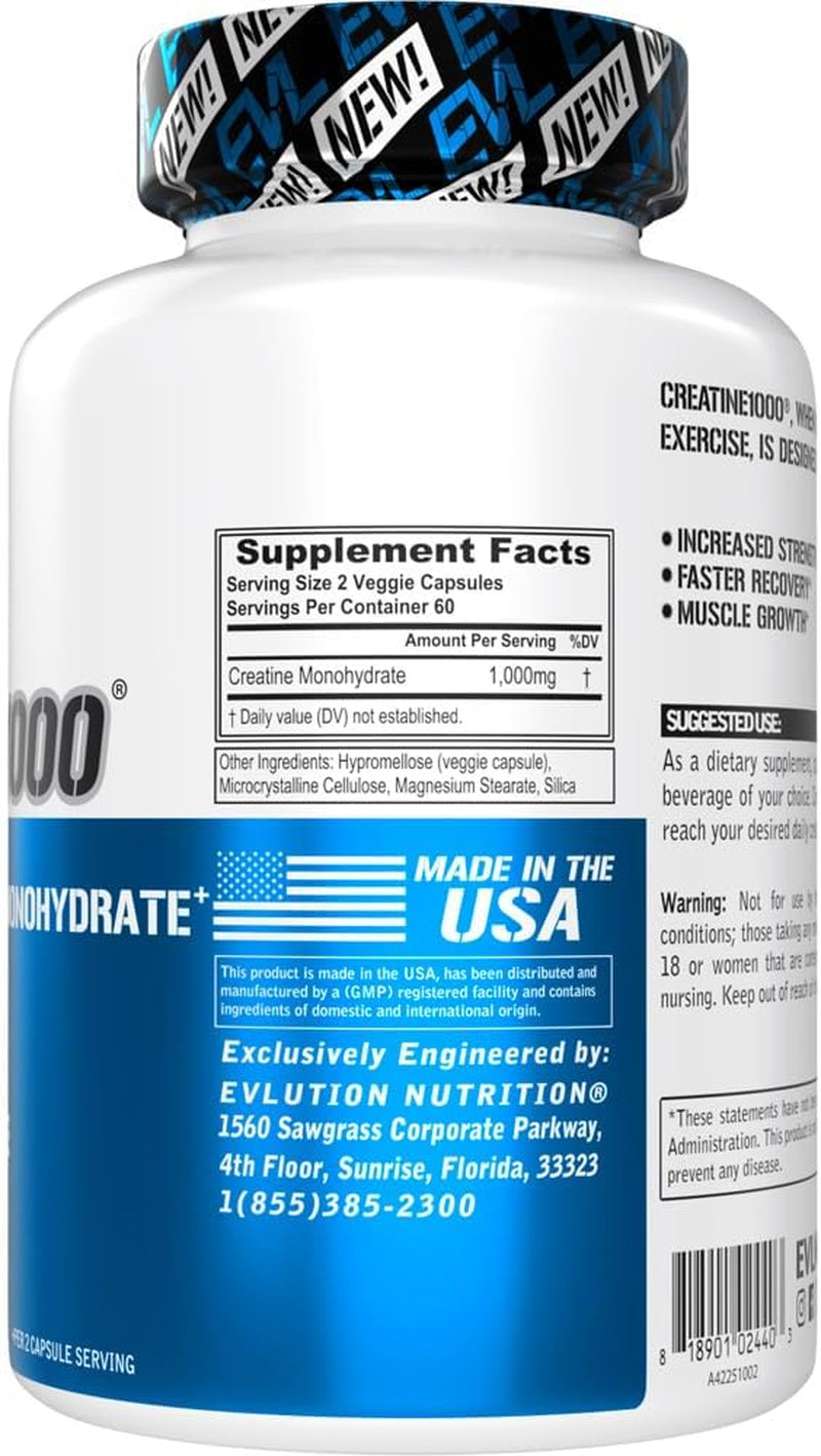 EVL Creatine Monohydrate Capsules Pre & Post Workout Supplement 60 Servings | Vegan and Gluten-Free Creatine Pills with 500Mg per Capsule Support Muscle Strength, Performance and Recovery